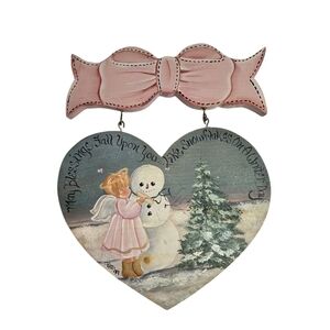 Hand Crafted Winter Decoration Wood Plaque Snowman Angel Blessings Blue Pink